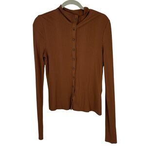 The Range Button Turtleneck Top Women size Large Ribbed Knit Whiskey Brown